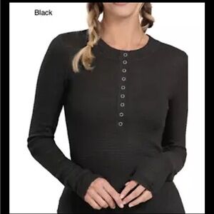 Women’s Baby Waffle Henley Snap Button‎ Long Sleeve Black